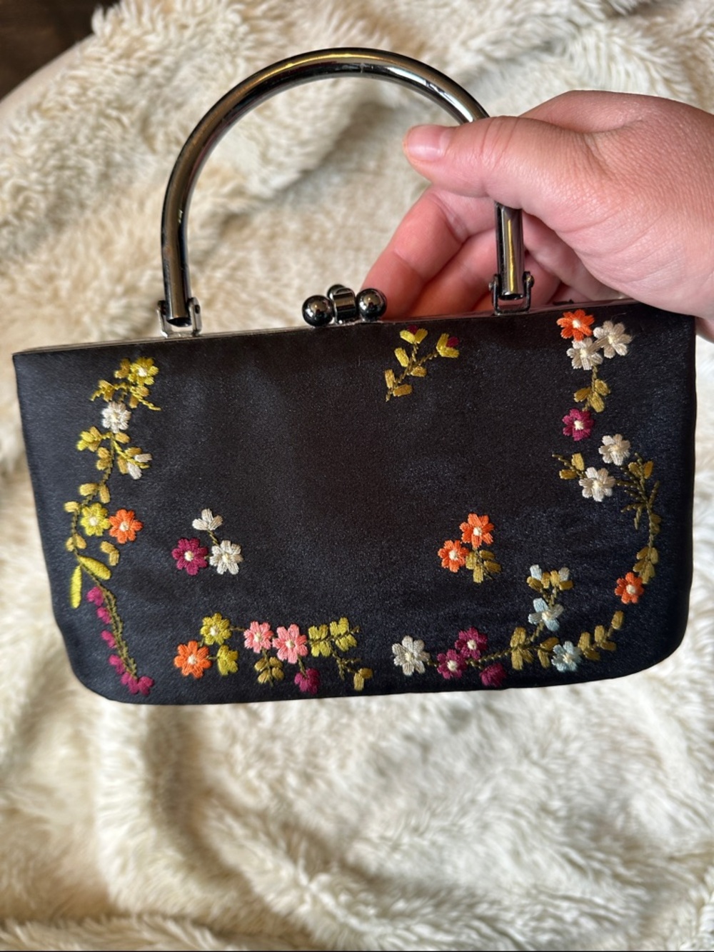 Black Floral Embroidered Top-Handle Evening Bag